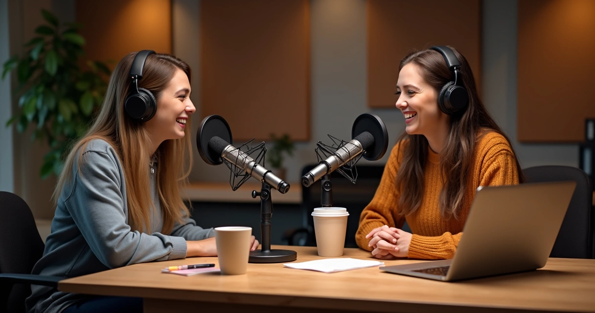 Duas mulheres gravando podcast com microfone na mesa 