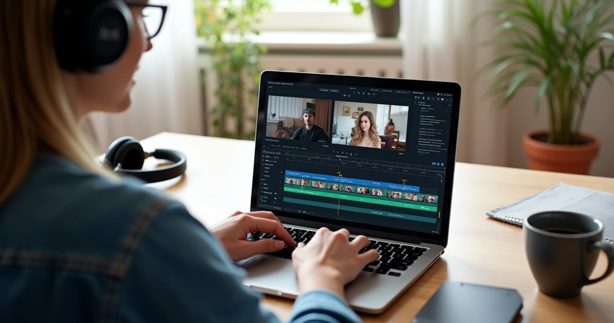 Pessoa editando clipes de podcast em um notebook com interface de IA aberta 