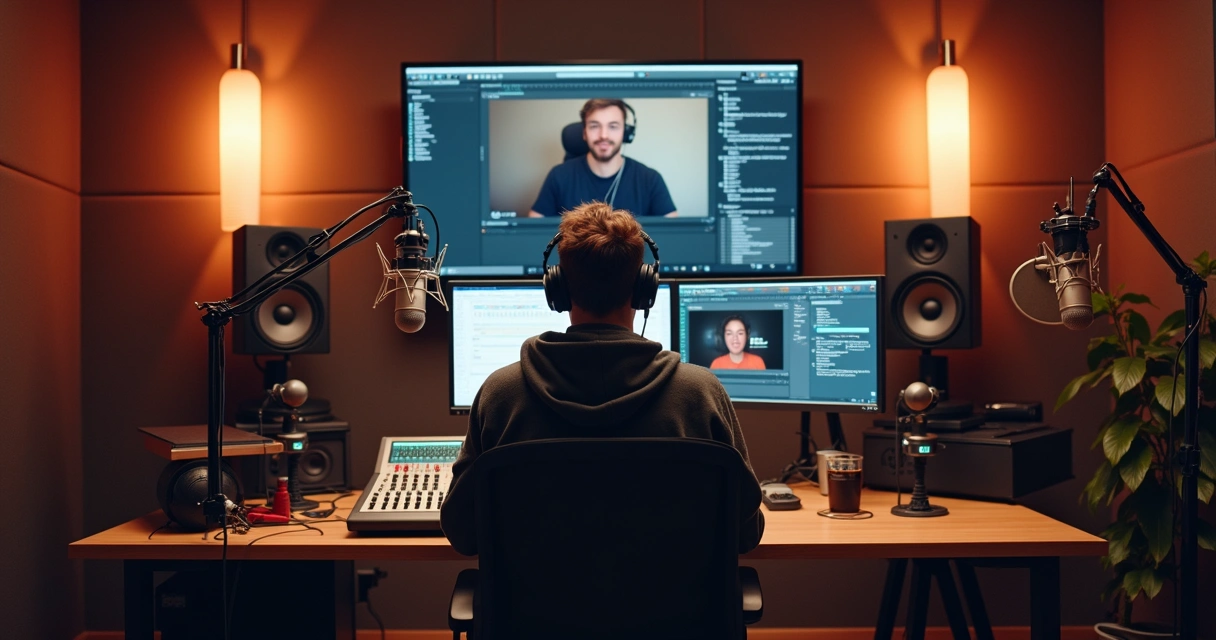 Pessoa em estúdio de podcast com equipamentos de áudio e vídeo 