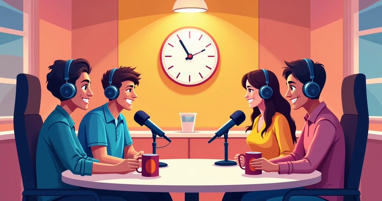 Apresentadores de podcast entrevistando convidado em estúdio moderno 