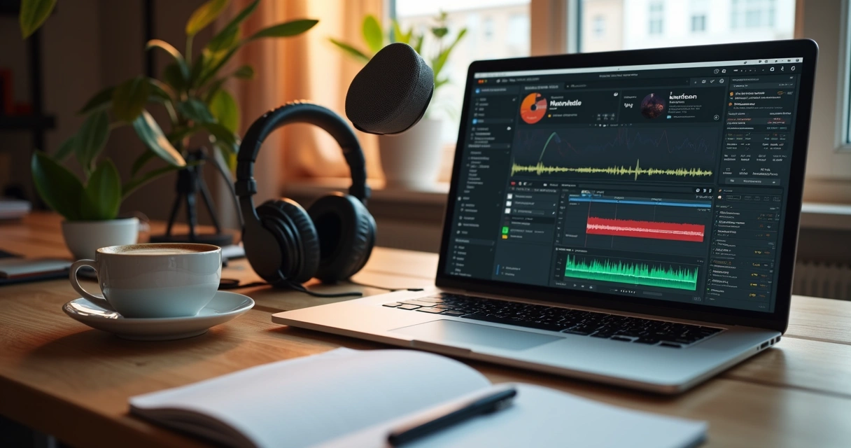 Mesa com microfone, notebook e anotações para podcast