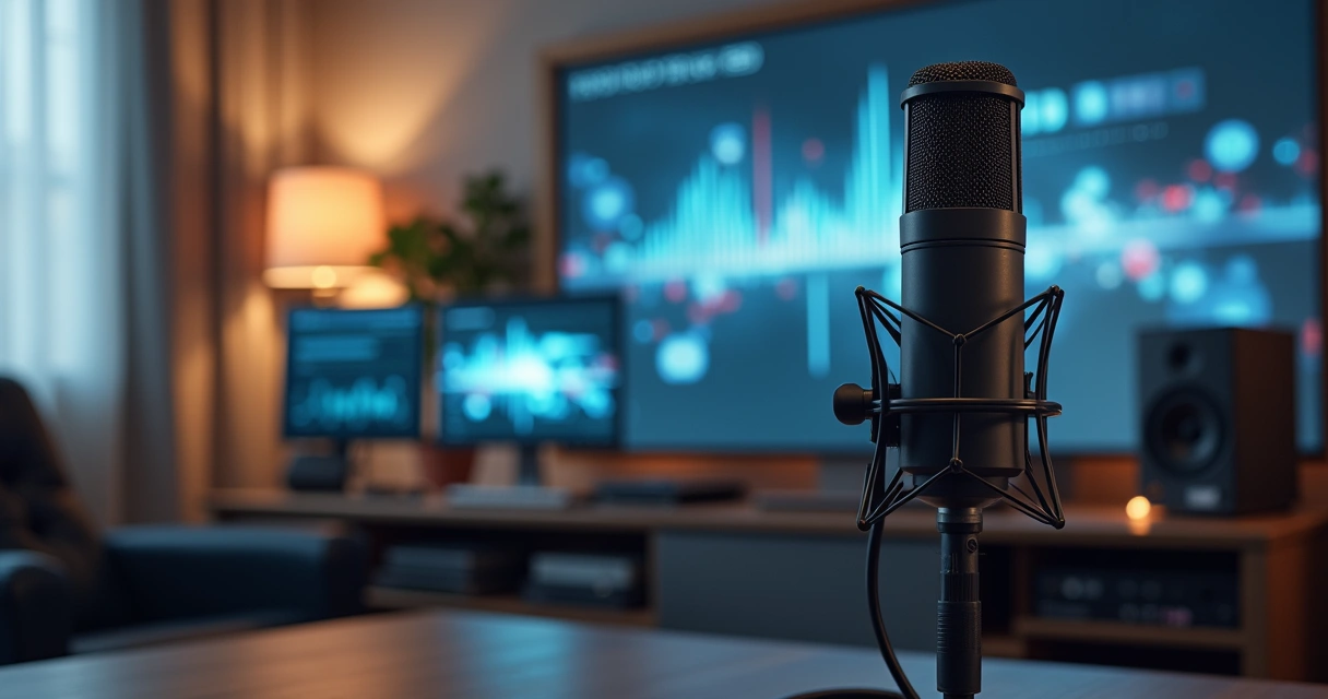 Gravação de podcast com microfone e imagens digitais ao fundo 