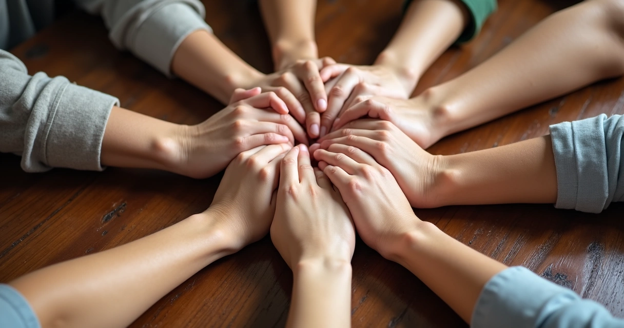 Manos entrelazadas formando un círculo sobre mesa de madera 