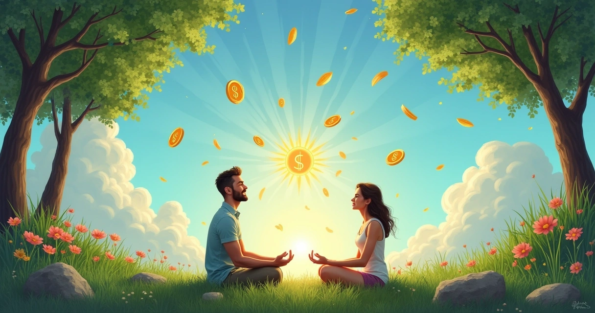 Homem e mulher meditando em natureza, emanando luz dourada, rodeados de símbolos de prosperidade e alegria.