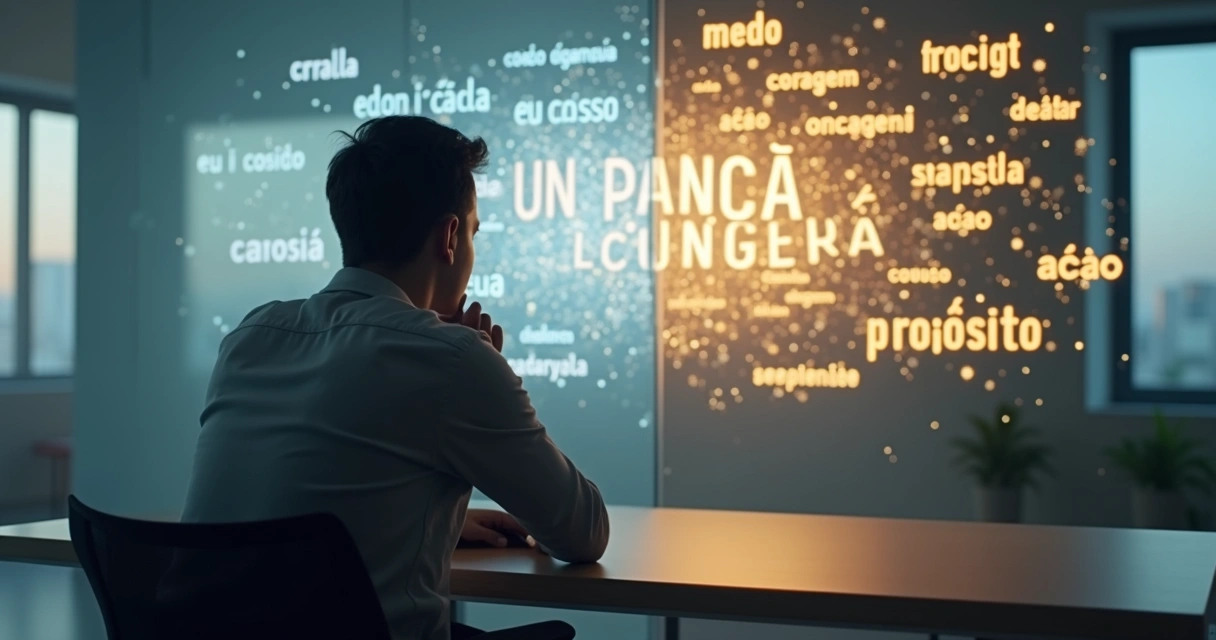 Pessoa refletindo diante de palavras projetadas que influenciam escolhas e comportamento 