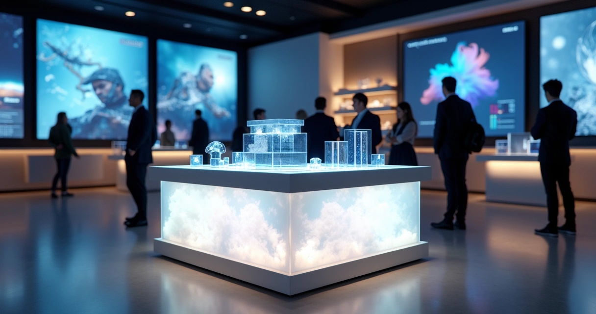 Pódio interativo com iluminação e sensores para produto eletrônico