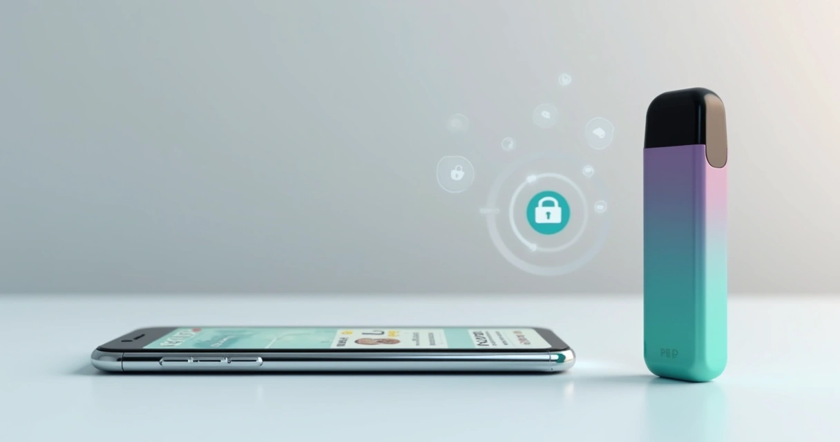 Vaper descartável ao lado de smartphone com site de loja virtual aberto em fundo limpo 