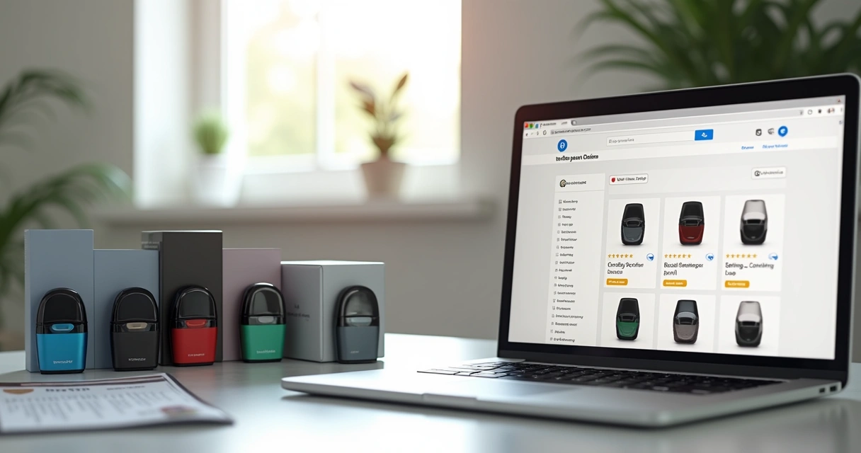 Vários pods descartáveis coloridos ao lado de um laptop exibindo uma loja virtual confiável 