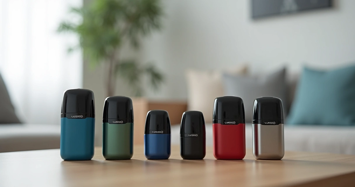 Vários pods descartáveis coloridos organizados sobre uma mesa de madeira clara 