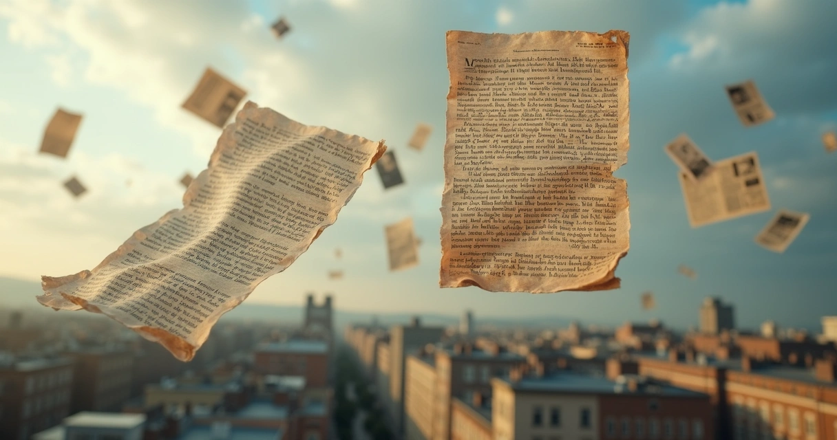 Páginas de poemas voando, misturando palavras e imagens documentais 