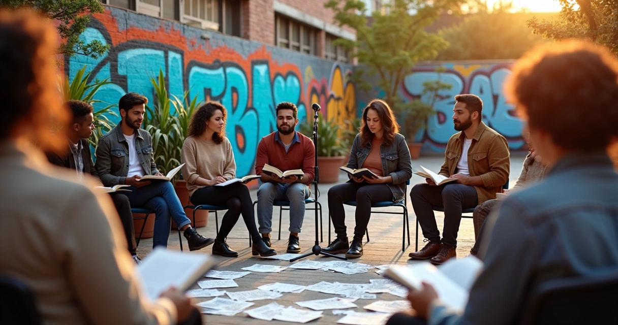 Poetas contemporâneos lendo poesias em um encontro literário ao ar livre em área urbana com grafites coloridos ao fundo 