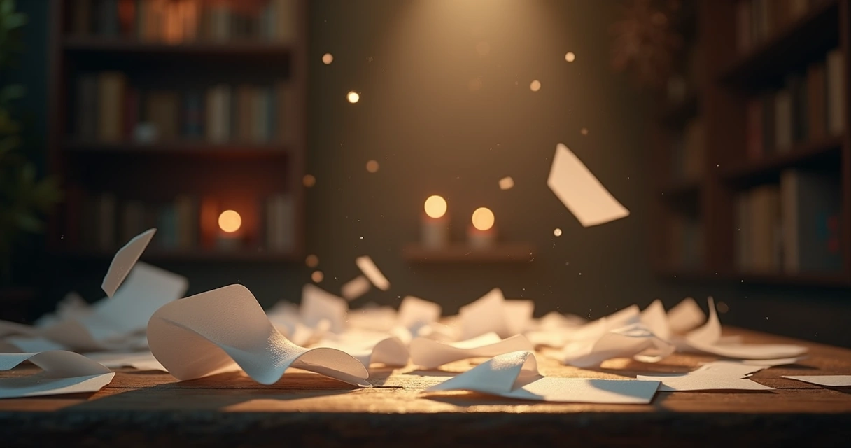 Folhas de papel espalhadas e voando entre sombras e luz em um ambiente com fundo escuro e áreas iluminadas 