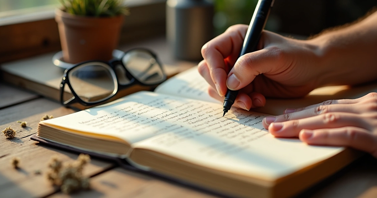 Mãos escrevendo poesia em caderno aberto com caneta sobre mesa de madeira e luz suave 