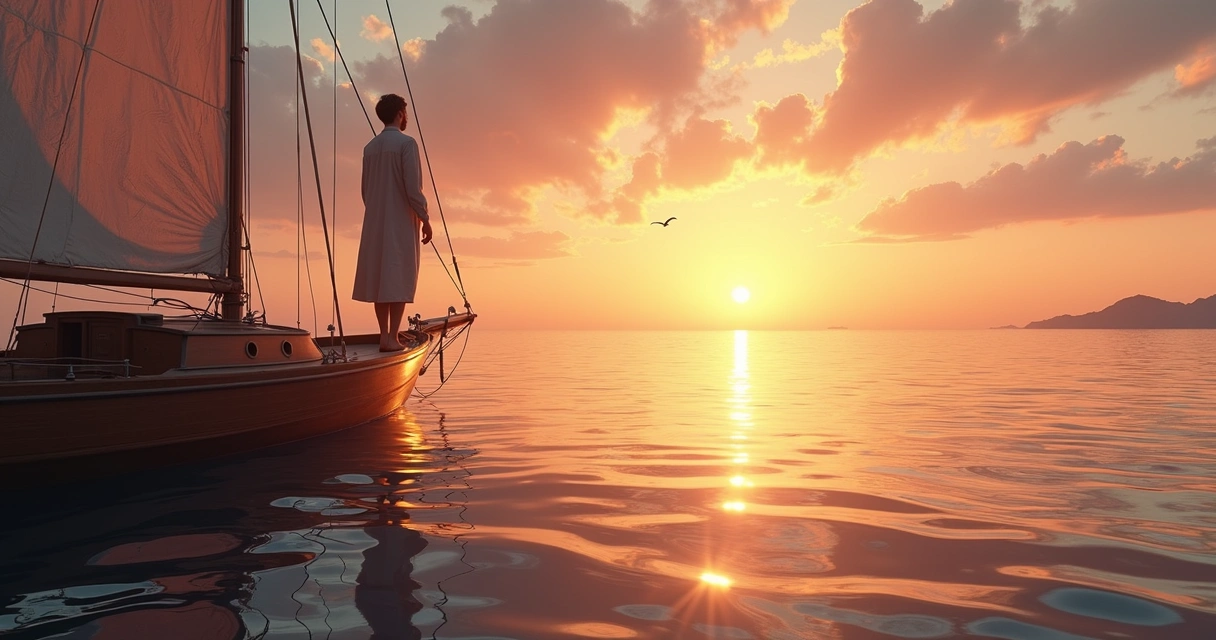 Encontro das águas pôr do sol: mar azul e rio barrento se tocam. À esquerda, marujo feliz; à direita, remeiro triste. Entre eles, letras de POESIA flutuam ao centro unindo mundos.