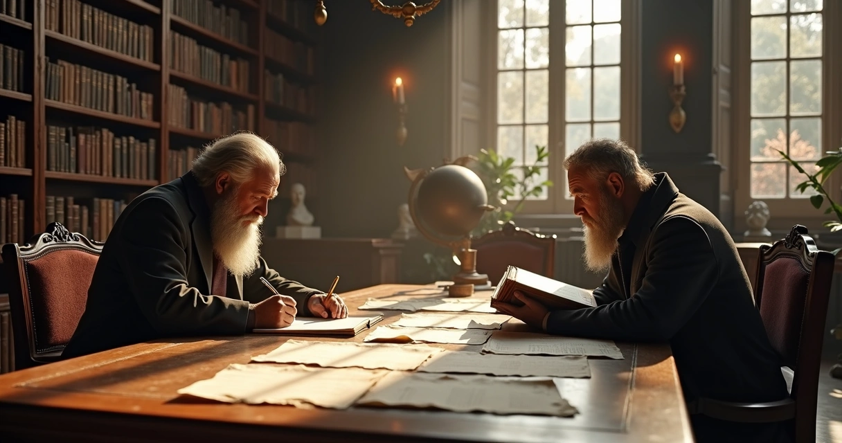 Poeta e filósofo conversando em uma biblioteca antiga com livros ao fundo, ambiente iluminado e atmosfera intelectual 