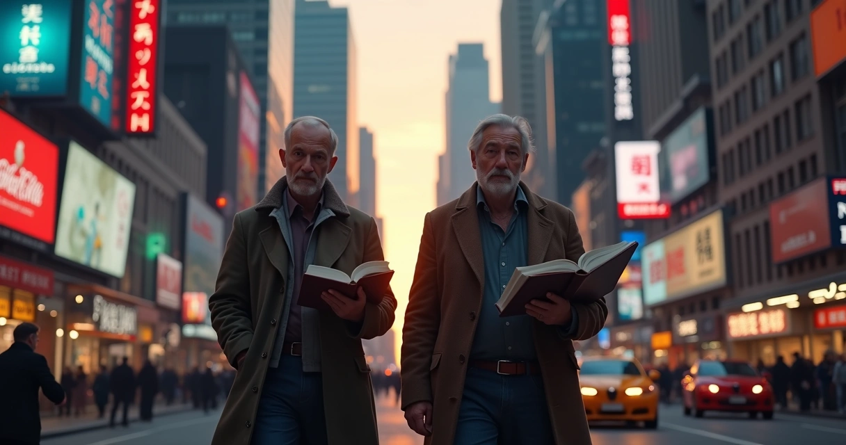 Poeta e filósofo modernos caminhando em paisagem urbana com livros 