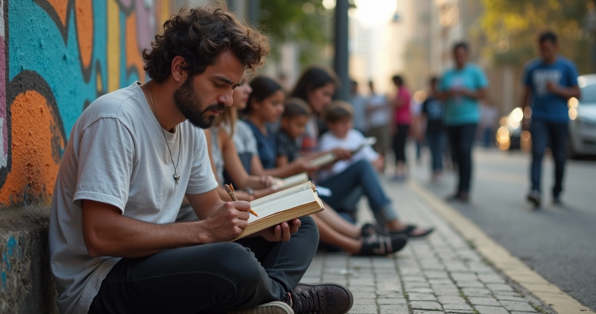 Poeta sentado no chão escrevendo em caderno durante sarau no Capão Redondo 