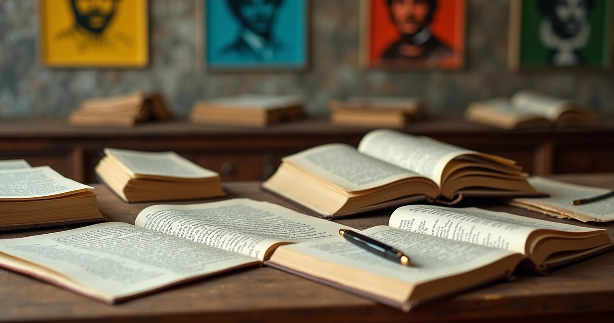 Mesa com diversos manuscritos e livros de poesia, caneta sobre papel branco, fundo com pôsteres de poetas brasileiros famosos 