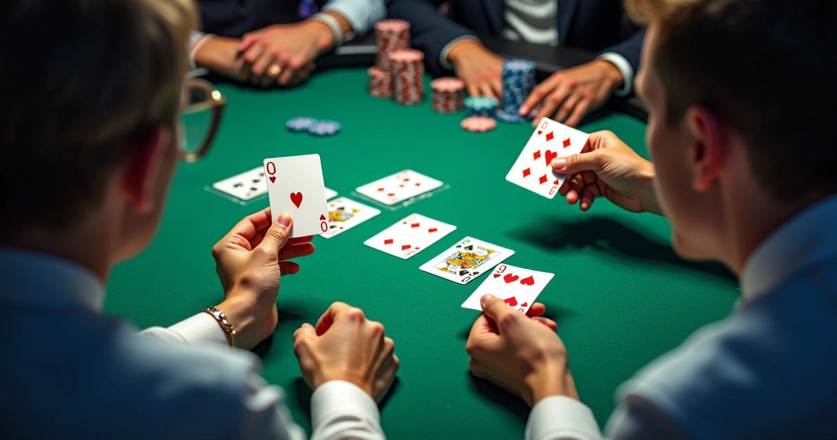 Poker hand on table with chips and playing cards 