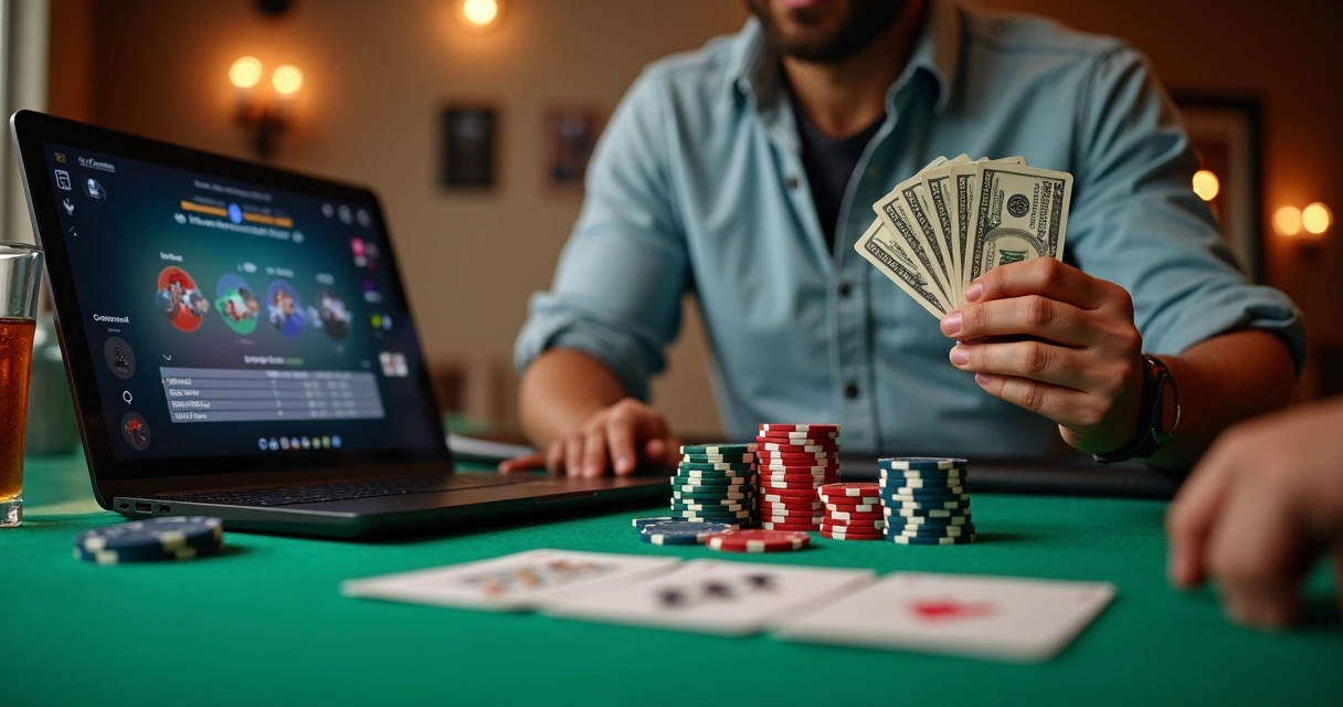 Person celebrating with poker chips and cash at a table 
