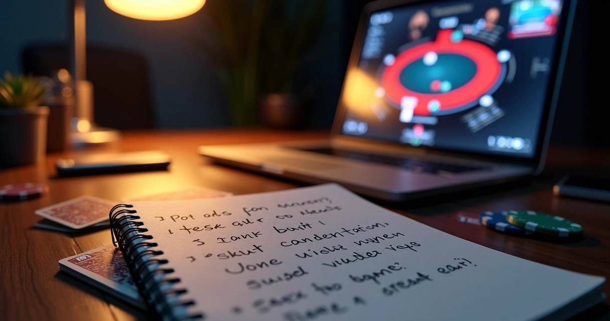 Poker hand review with notes and laptop 