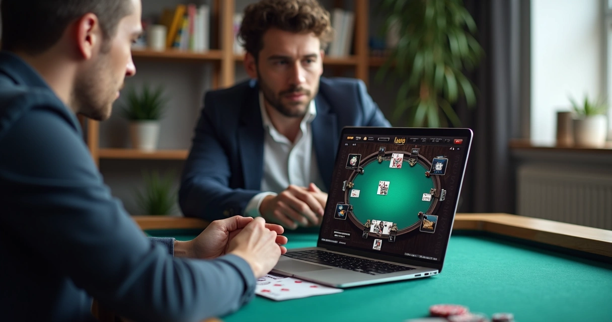 A poker coach and student analyzing a poker hand on a laptop. 