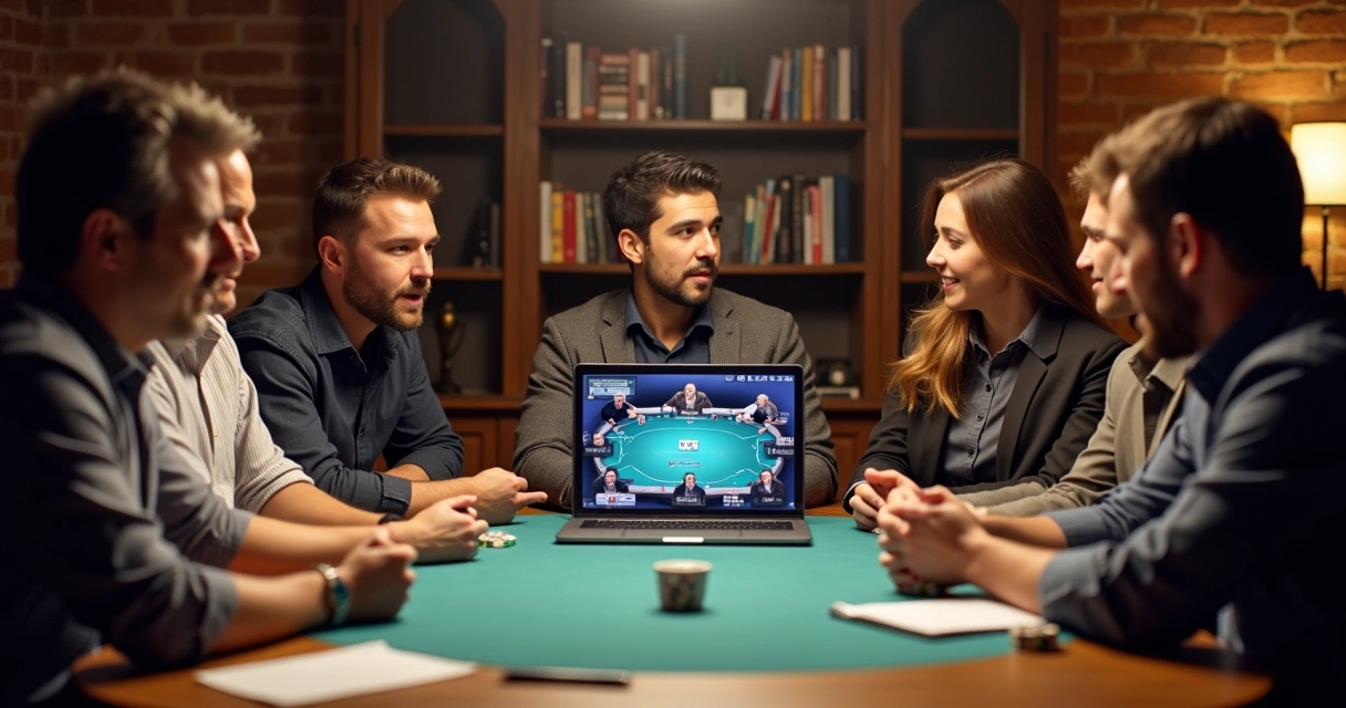 Players watching a hand replay in a poker study session 