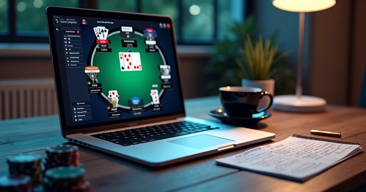 Poker hand replay on laptop beside chips 