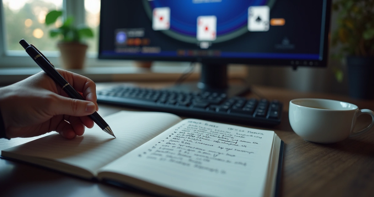 Reviewed poker hand history on screen with notes 
