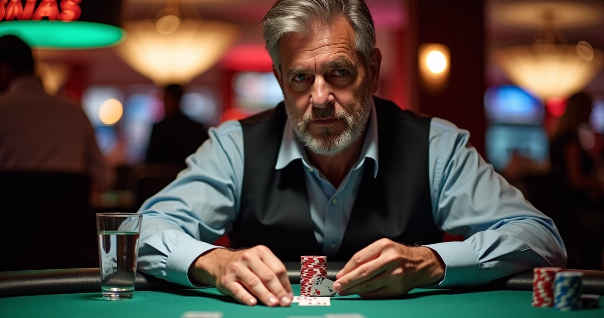 Poker player looking thoughtful and focused 
