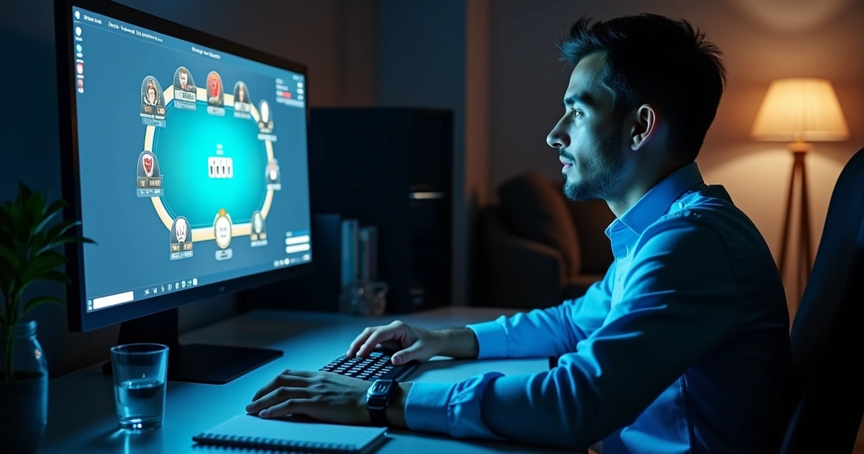 Poker player pausing with time bank at online table 