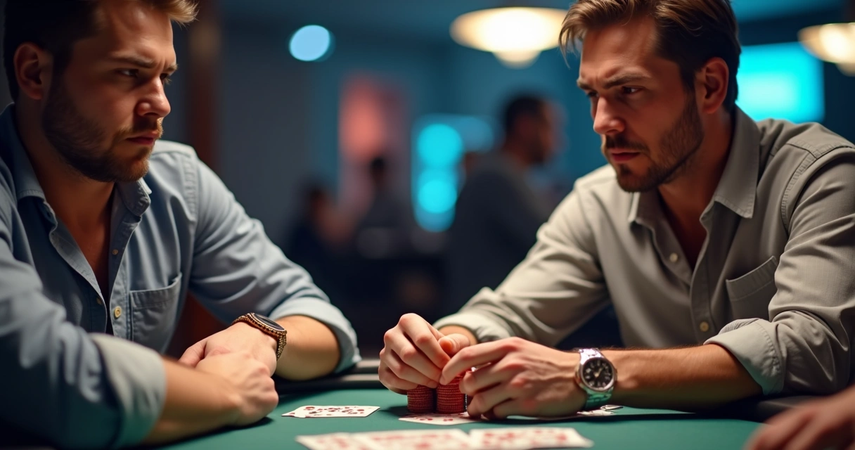 Poker player attacking opponent under pressure at final table 