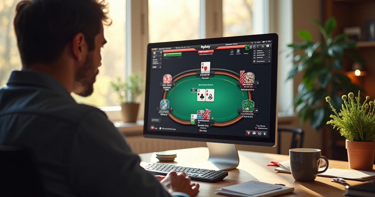 Player reviewing poker hands on computer screen 