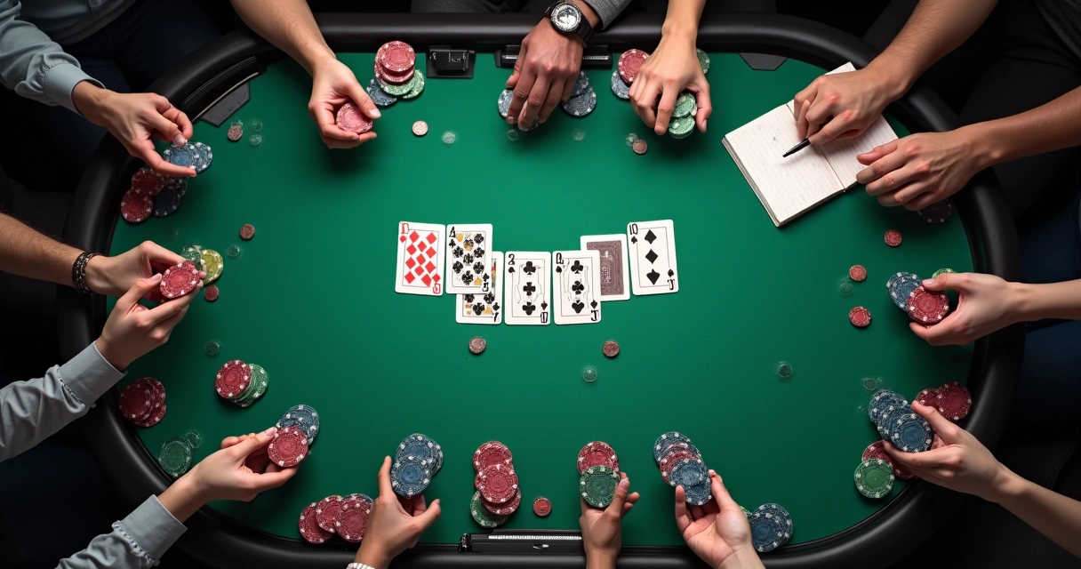 Top view of a poker table with cards and poker chips scattered. 