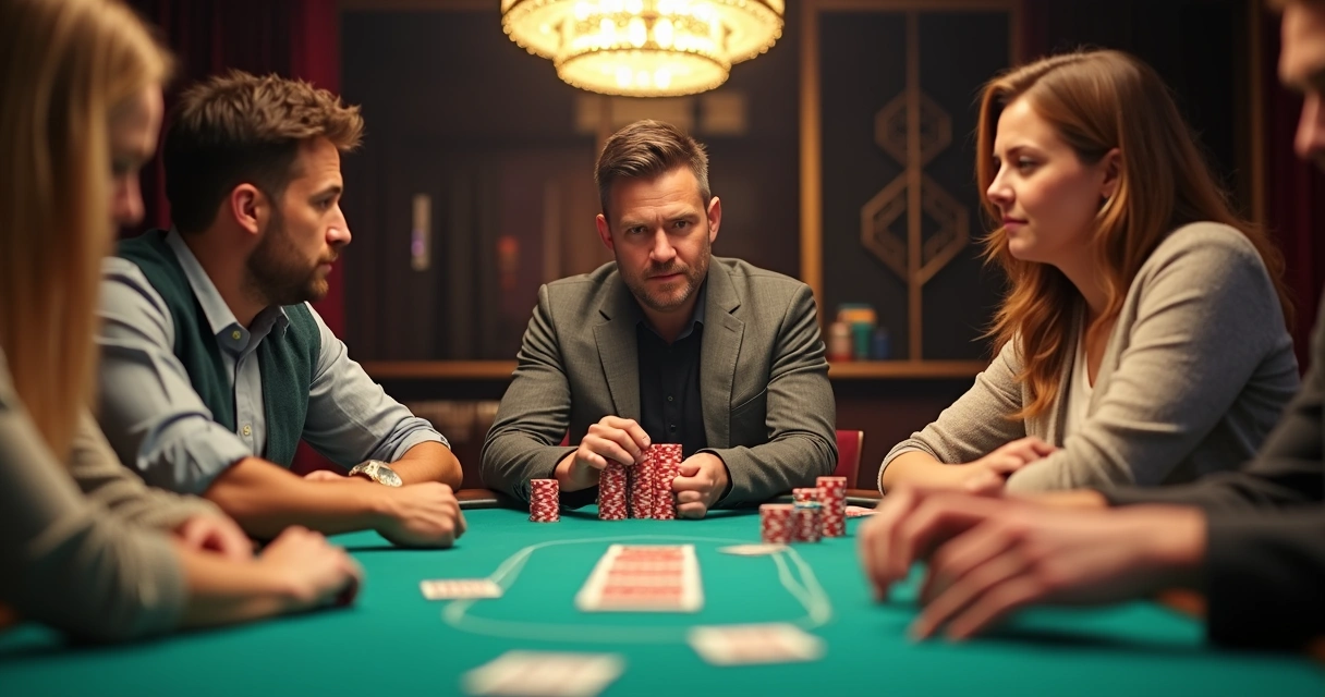 Poker players seated at a table, one confidently pushing chips forward, others appearing unsure. 
