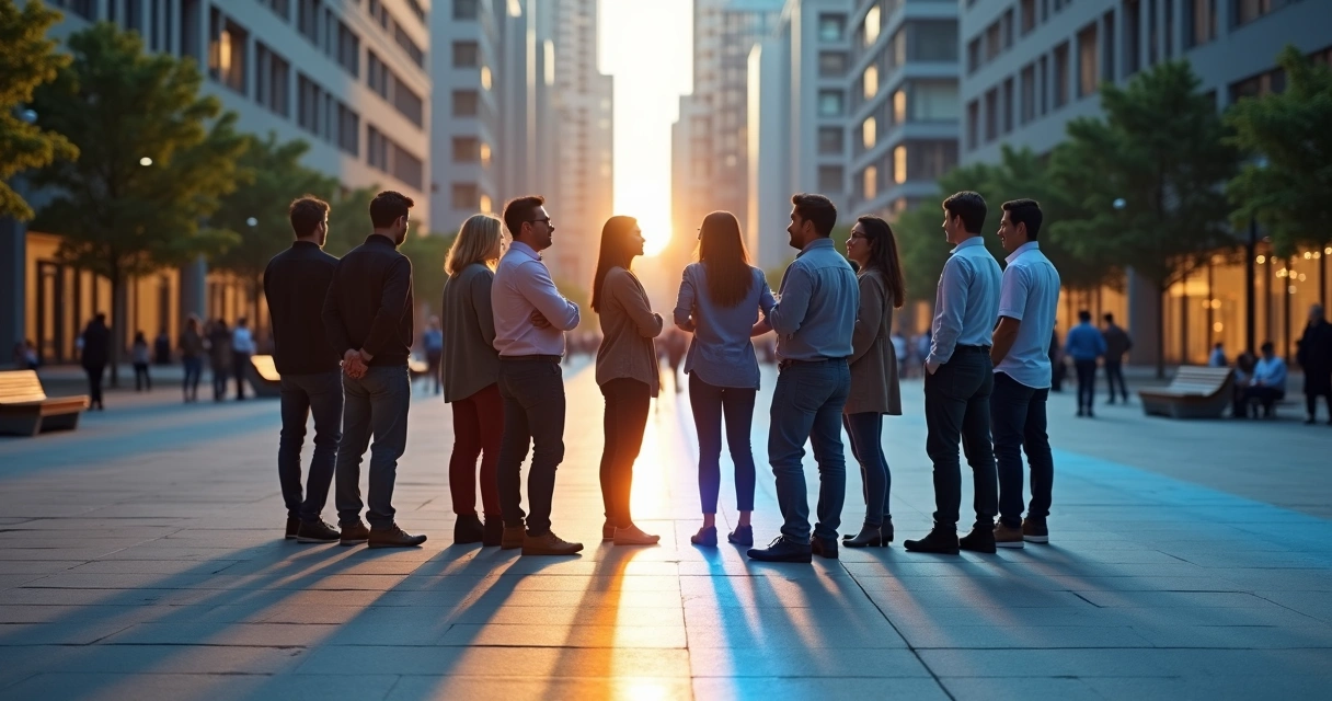 Grupo de personas en plaza urbana dividida por línea de luz y sombra 