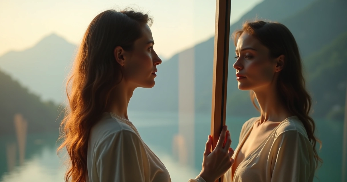 Rostro dividido en luz y sombra reflejado en un espejo frente a un paisaje equilibrado 