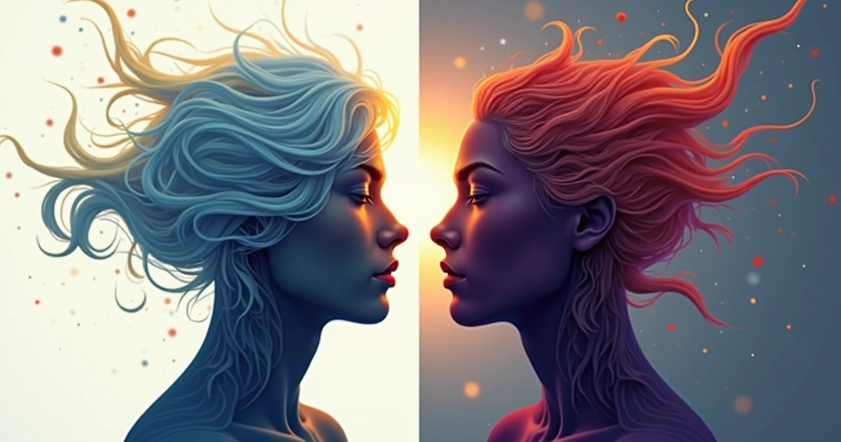 Ilustración abstracta de dos siluetas humanas de perfil enfrentadas, con diferentes colores y patrones en cada mitad, simbolizando polaridades psicológicas internas. 