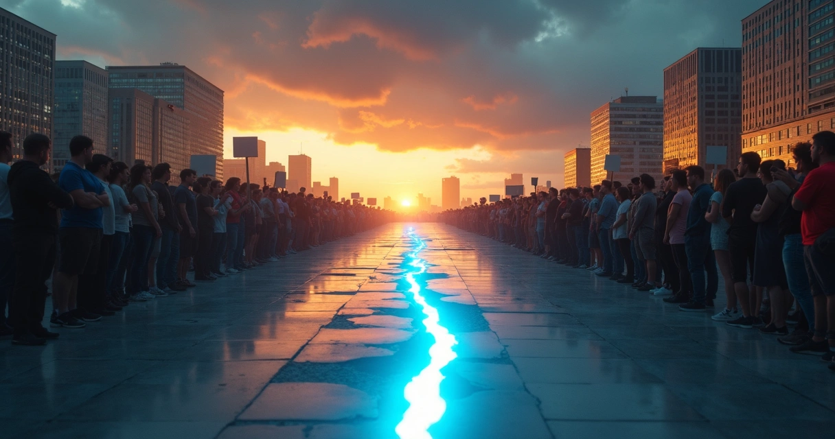 Duas multidões opostas separadas por rachadura luminosa em grande cidade ao entardecer 