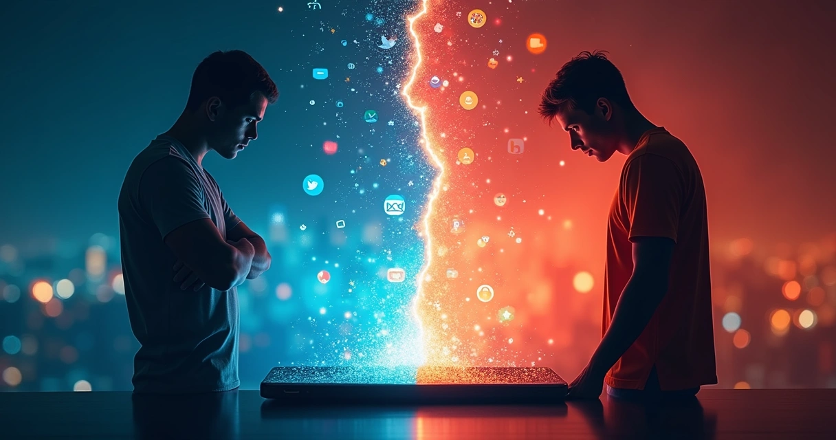 Duas pessoas em lados opostos de uma tela dividida por cores azul e vermelha representando polarização digital 