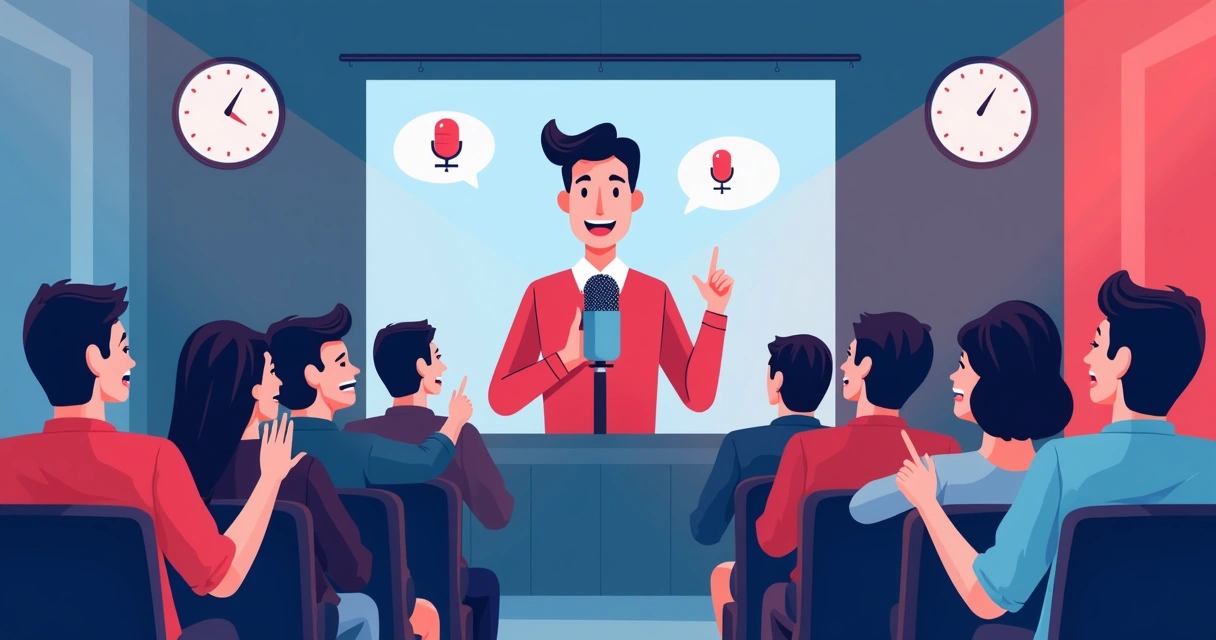 Ilustração de plateia dividida e reações polarizadas a um podcast político