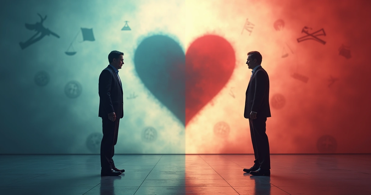 Duas pessoas discutindo em lados opostos com sombra comum em forma de coração ao centro 