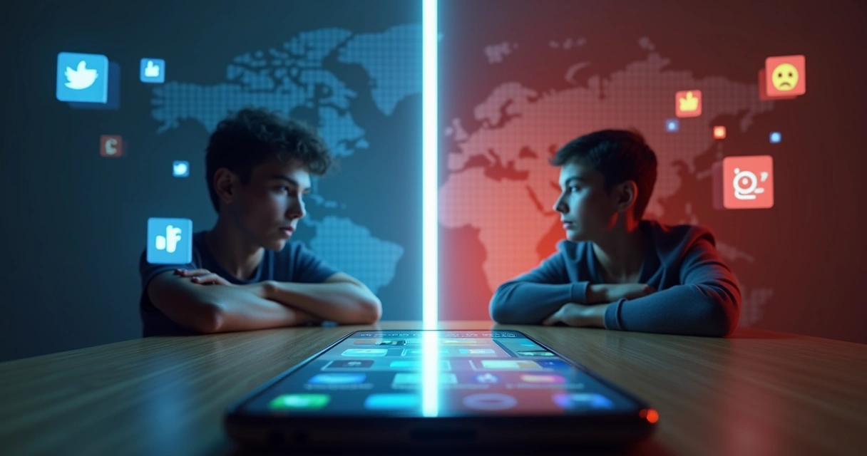 Duas pessoas em lados opostos do celular com redes sociais divididas por uma linha luminosa 