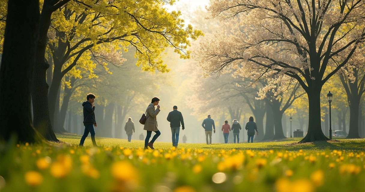 Flores e gramíneas liberando pólen em um parque durante a primavera 