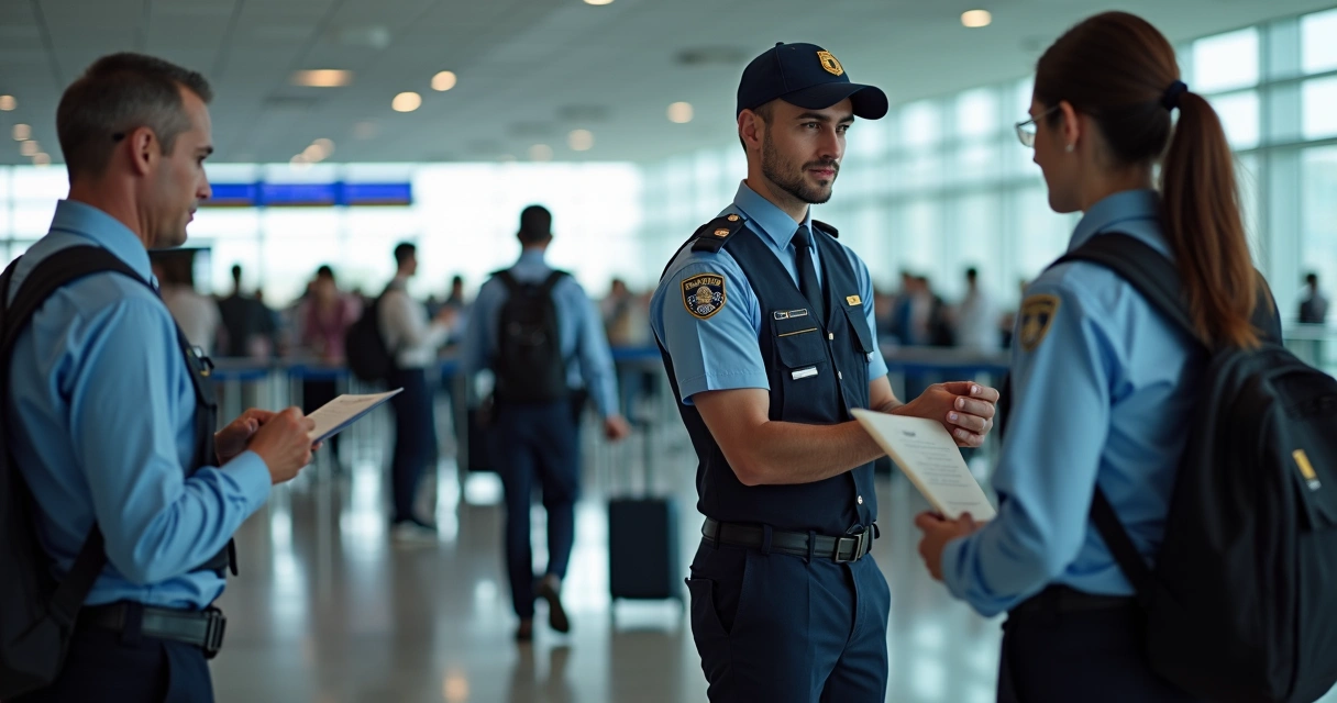 Agentes vistoriando documentos no aeroporto de Portugal