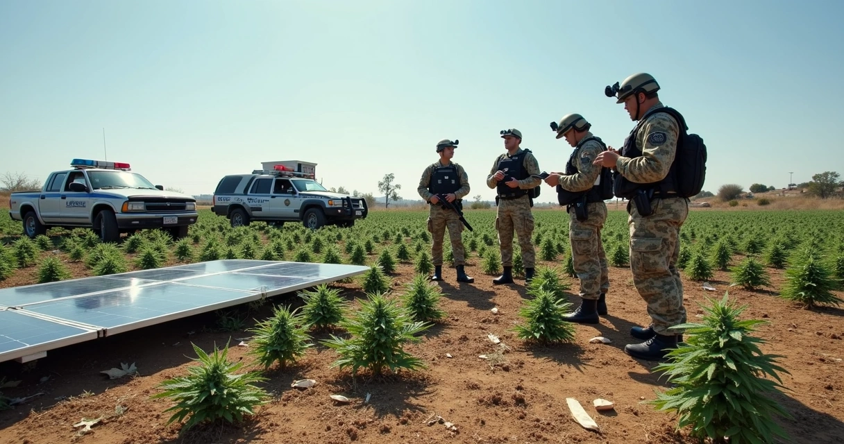 Policiais próximos a painéis solares e pés de maconha destruídos 