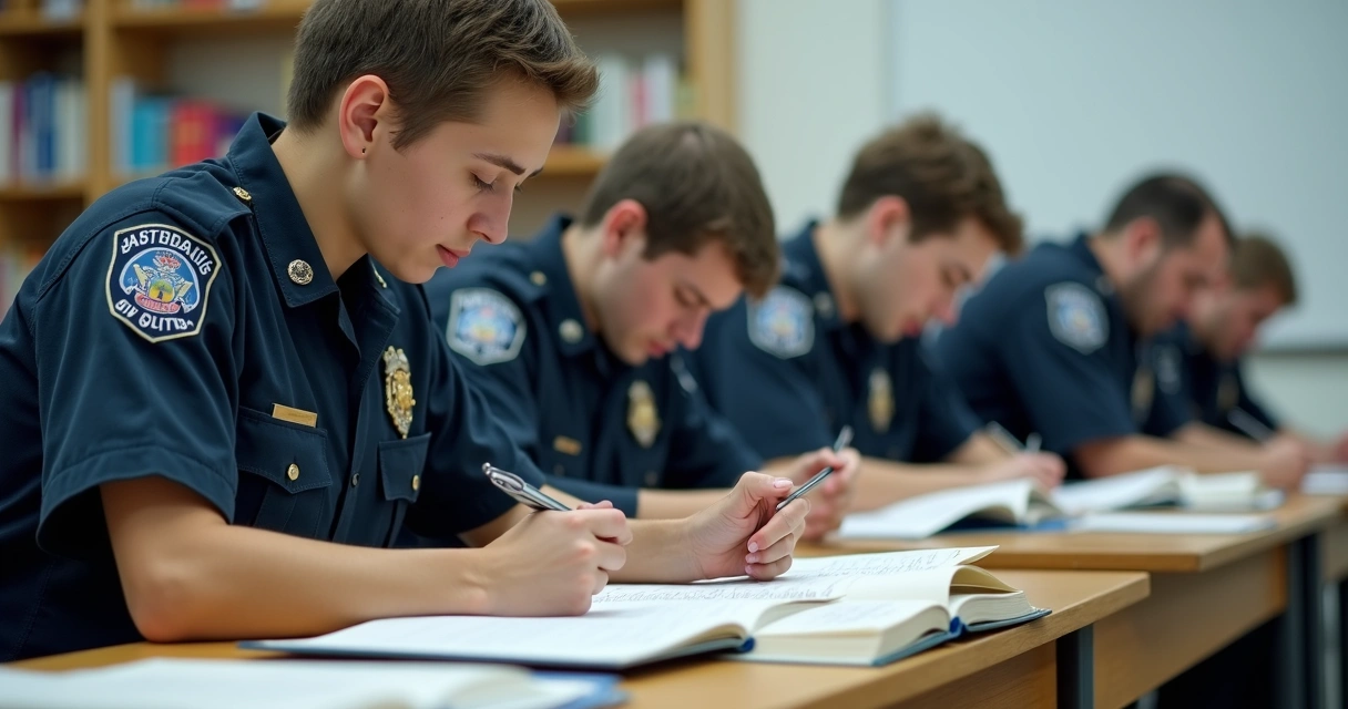 Sala de estudos com pessoas em uniformes policiais revisando apostilas. 
