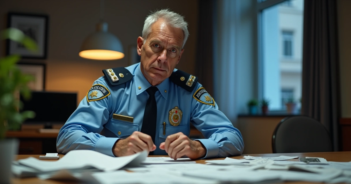Policial civil sentado à mesa avaliando contas e boletos, expressão preocupada 