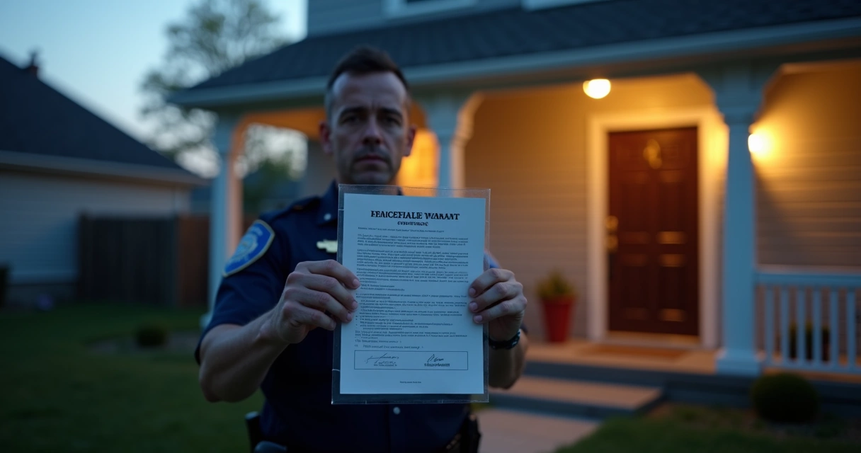 Policial mostrando mandado judicial em frente à residência durante cumprimento legal 