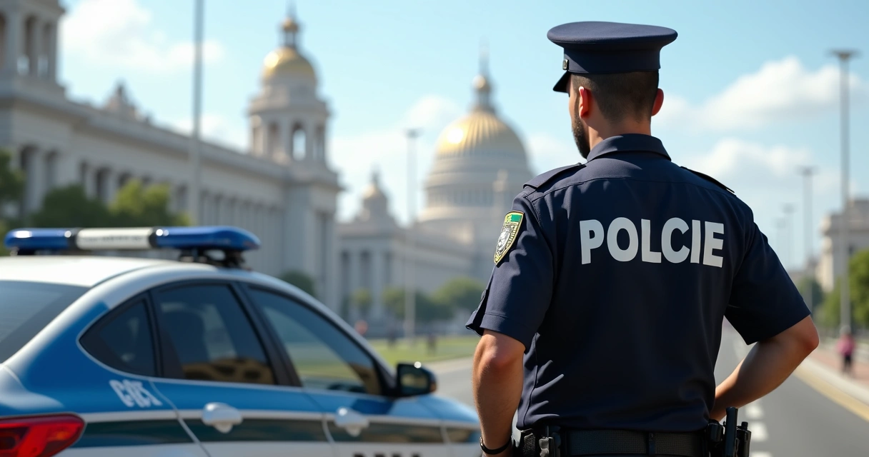 Policial militar de Minas Gerais em farda, de pé e com viatura ao fundo. 